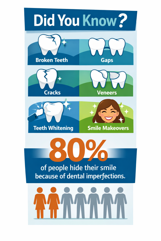 Dental infographic illustrating broken teeth, gaps, cracks and veneers with statistics